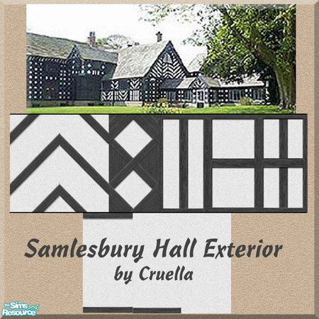 Sims 2 — am_samlesbury by Cruella — Black stained wood on white. Samlesbury Hall, England exterior wall set. 