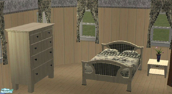 Sims 2 — Country Life Toile Bedroom by SSilver — Based on a Waverly Bedroom. Black toile bedding and very light wood