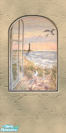 Sims 2 — Stone Wall 2 by TSR Archive — rugged, etched stone wall in beige and moss green with seaside mural. perfect for