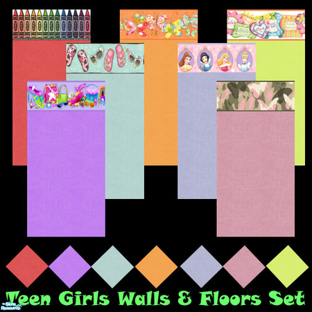 Sims 2 — Teen Girls Walls & Floors Set by Sheera — This set includes 14 items : 7 walls and their 7 matching floors.