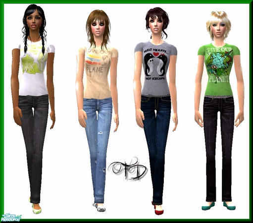 Sims 2 — Be Green by FathomDesigns — A set of four outfits for your adult females. Each have sayings about being green :)
