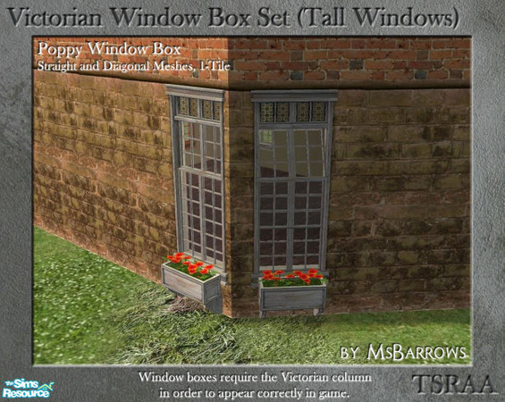 Sims 2 — Victorian Window Box - Poppy 1-Tile (Straight) by MsBarrows — Window box for straight tall 1-tile windows,