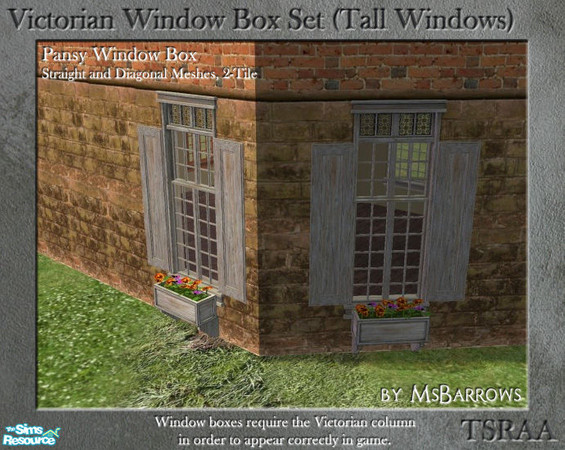 Sims 2 — Victorian Window Box - Pansy 2-Tile (Diagonal) by MsBarrows — Window box for diagonal tall 2-tile windows,