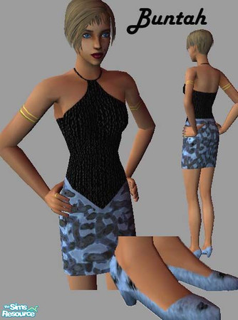 Sims 2 — Black and blue party dress by buntah — Black knit top with blue and black silk skirt and blue feaux fur pumps.