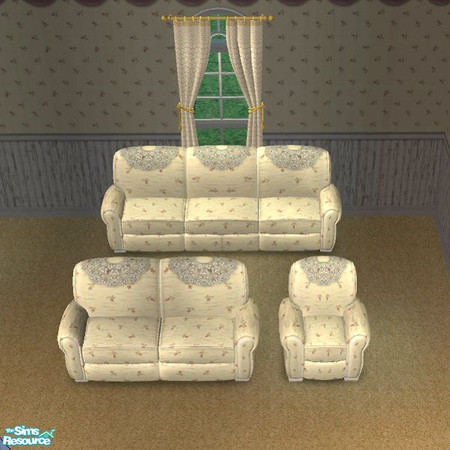 Sims 2 — Shabby Chic Sofa by Nikki041498 — A cream background sets off the tiny rosebuds while Lace Doilies grace the
