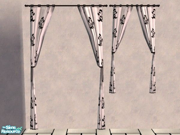 Sims 2 — Oriental Touch Curtains by Bitzybus — White curtains with black decorations to go with the set.