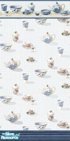 Sims 2 — Timeless Tea by MidnightRose — A timeless wallpaper with tea pots and tea cupsfor your kitchen.