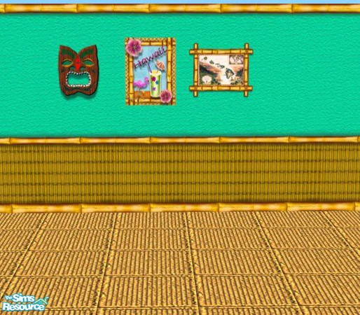 Sims 2 — Hawaiian Bamboo Wall and Floor Set by Nikki041498 — Bright teal, warm bamboo, and jute carpeting come together
