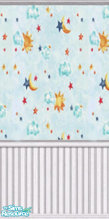 Sims 2 — Night Sky by Vexy — Bright stars, and fluffy clouds cover the walls. Accented with white paneling.