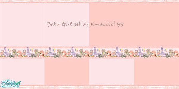 Sims 2 — Baby Girl Wallpaper Set by TSR Archive — Two tone pink wallpaper with pink-washed wood trim and an adorable