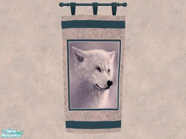 Sims 2 — White wolf tapestry by Bitzybus — A beautiful white wolf on a tapestry in green and grey tones.