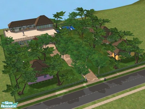 Sims 2 — Hillside Bungalows by khougar — Three bungalows in a park. Common house for meals and entertaiments. All careers