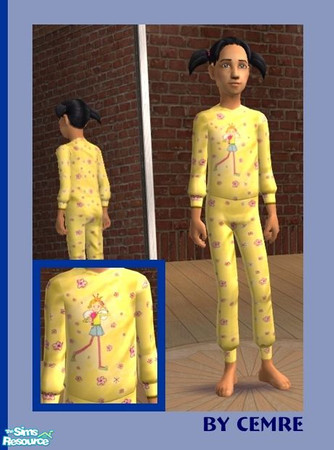Sims 2 — Yellow Child PJs by cemre — Pink flower patterns on yellow background. And a little princess picture in front.