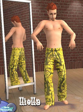 Sims 2 — Yellow-green batik jammies by lliella — Tired of the usual drab jammies your male sims had to wear? Here's a