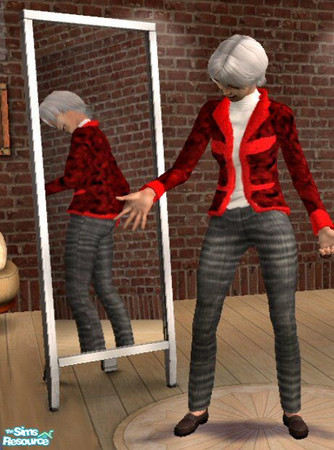 Sims 2 — Red Suede Jacket by Phadrae — A pretty red suede jacket for your elder Sim-trimmed in fake fur, worn with black