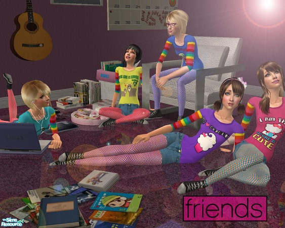 Sims 2 — Friends by pretty_baby — 5 (again) brightly coloured outfits for your teen. A logo tee with rainbow jumper