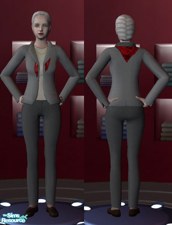 Sims 2 — Grey Herring Bone Suit by Gigge — Medium grey tapered leg pants and cream shell are accompanied by a grey