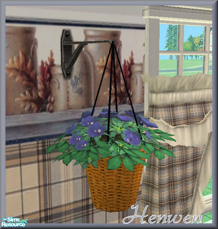 Sims 2 —  Flower Hanging Blue by Henwen — Hanging flowers in blue in a dark wicker basket.
