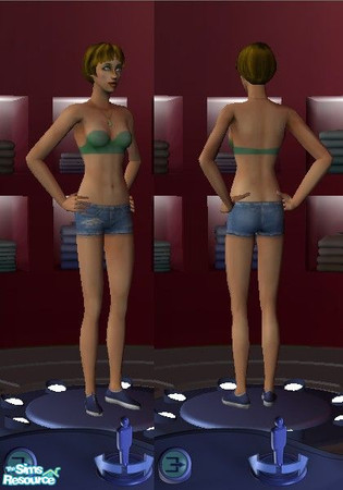 Sims 2 — Tiny shorts and top by teqqen — Very tiny denim shorts with a strapless green top.