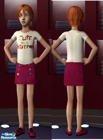Sims 2 — Girl's Button Skirt by Riscia — This is a red cordaroy skirt with 2 rows of various buttons on the front. Made