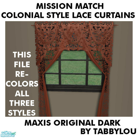 Sims 2 — TL - MM ColonialStyleCurtainSeeThruLace OrigDark by TabbyLou — Original Dark Match Lace (see-thru) recolor of