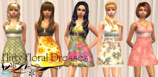 Sims 2 — Flirty Floral Dresses by justkira. — This set contains Five Flirty Floral dresses for your most stunning teen