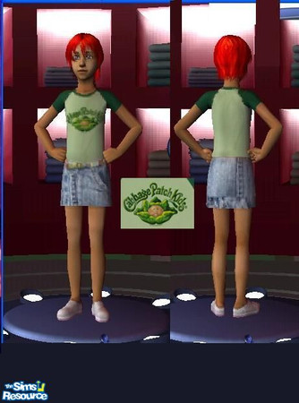 Sims 2 — Cabbage Patch Kid by PhantasyGurl — Marissa is wearing a Cabage Patch Kids tee. Light green shrit with darker