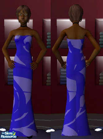Sims 2 — Patterened blue formal dress by Elly — Beautiful blue dress with a distinctive white pattern. Black choker and
