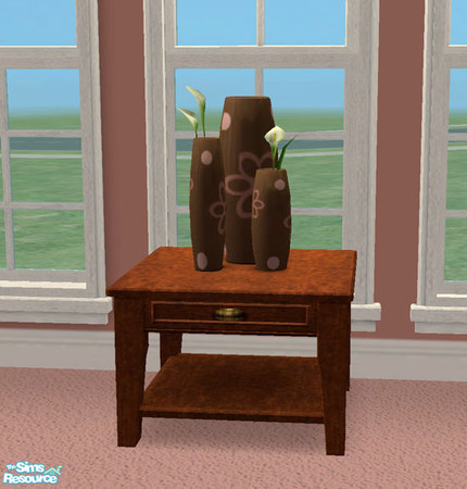 Sims 2 — Marcia Pink & Brown Musee Vase by jigsawtooth — Cute pink dots and flowers adorn this chocolate brown vase!