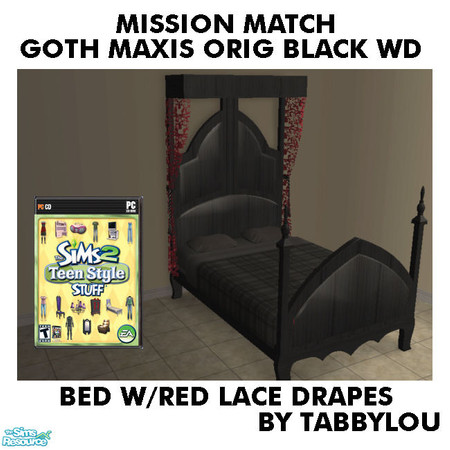 Sims 2 — TL - MM Goth Style Bed+LaceDrape OrigBlackRedWd by TabbyLou — Side By Side Double Bed - Original Black Wood