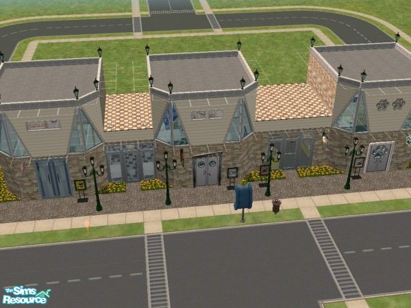 Sims 2 — Rocky City Row by KatieKing — A set of 4 shops including a pet store, grocery, restaurant, and a clothing