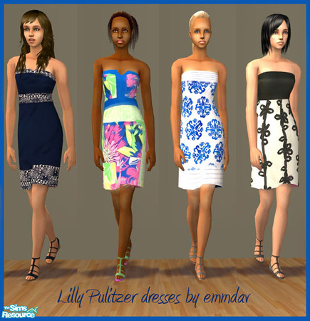 Sims 2 — Lilly Pulitzer Dresses for Adult Females by emmdav — A set of four casual but beautiful strapless dresses for