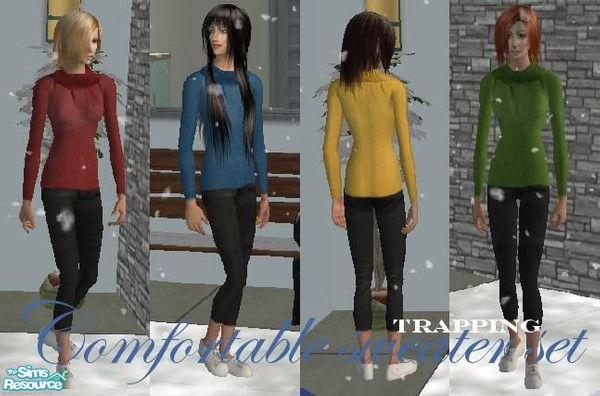 Sims 2 — Comfortable sweater set by Trapping — Four full-body outfits for adult women.