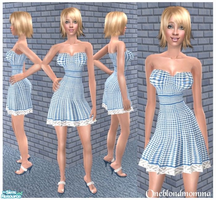 The Sims Resource - Checkered Strapless Dress for Teen Kurvy