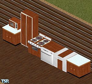 Sims 1 — Cheap Wood Kitchen by GRO — Includes: Counter, Fridge, Microwave, Stove, Trash Compactor, Dishwasher