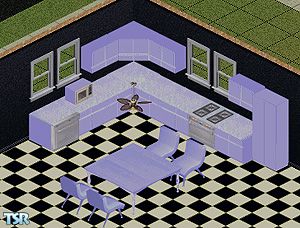 Sims 1 — Lilac Kitchen by Angie516 — Includes: Stove, Microwave, Fridge, Chair, Table, Counters (2), Dishwasher.
