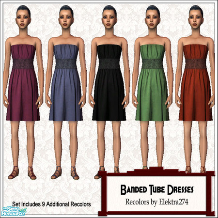 Sims 2 — Banded Tube Dresses by elektra274 — A collection of 14 tube dresses with an embroidered band at the bodice for
