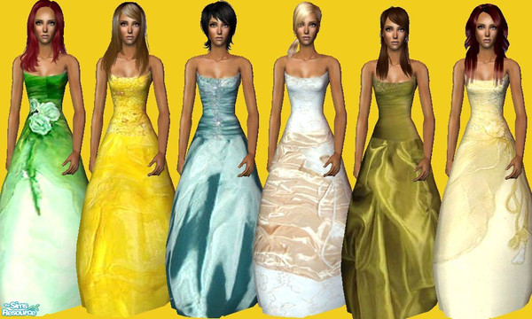 Sims 2 — Gold and green Ball Gowns by janicap — Formal dress for adult women.In green,yellow and gold colors.Mesh by
