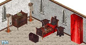 Sims 1 — Medievil Bedroom Set by Nonasart — Bed, dresser, lamp, bookshelf, toybox, end table.