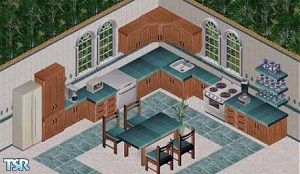 Sims 1 — Aqua Kitchen by Devine — Steel Blender, Shelves, Kitchen Chair, Counter, Counter with Drawers, Half Counter,