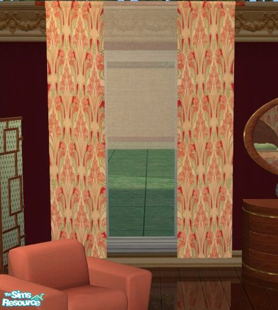 Sims 2 — Art Deco Bedroom Curtains by lisa9999 — Shakeshaft\'s drapes refinished in a deco fabric.