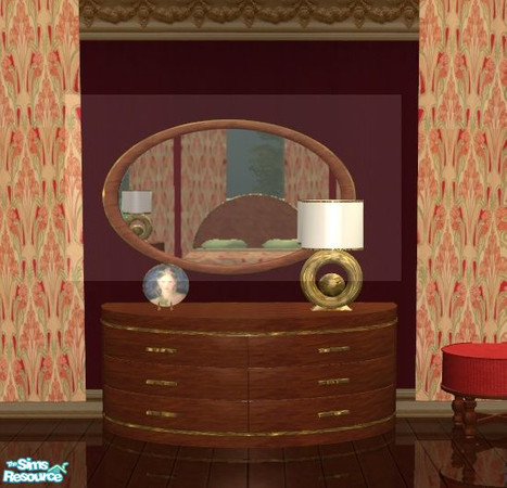 Sims 2 — Art Deco Bedroom Mirror by lisa9999 — A oval mirror in dark wood finish with gold trim.