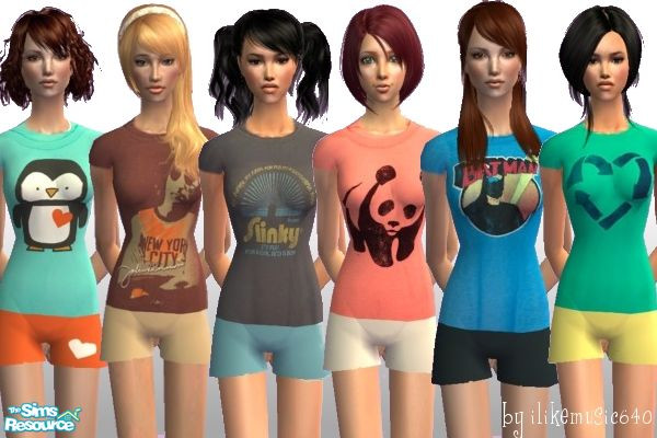 Sims 2 — Graphic Tee and Shorts Sets by ILikeMusic640 — In pjs and athletic. 