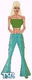 Sims 1 — Valee by Kerryann — Valee is wearing a party outfit that has a blue, green and aqua pattern flare pants, with