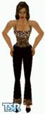 Sims 1 — Paris by Kerryann — Paris is wearing a leopard pattern and black all in one pants outfit, with black shoes.