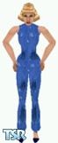 Sims 1 — Trinnette by Kerryann — Trinnette is wearing a blue all in one pants outfit with navy blue pattern and shoes.