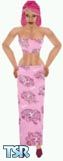 Sims 1 — Maxine by Kerryann — Maxine is wearing a pink, maroon and white pattern skirt and halter top, with maroon shoes.