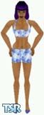 Sims 1 — Jenna by Kerryann — Blue, purple and white pattern shorts and bra top, with blue shoes. Medium skin only and