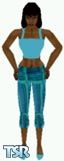 Sims 1 — Monette by Kerryann — Blue, aqua and green pattern cut off pants, with aqua top and shoes. Dark skin only.