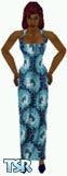 Sims 1 — Dasha by Kerryann — Blue long dress, with aqua and white floral design with navy blue shoes. Dark skin only and